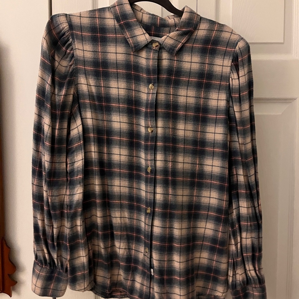 Rails Flannel Blur and Pink Button-Up Shirt with Ruched Shoulders